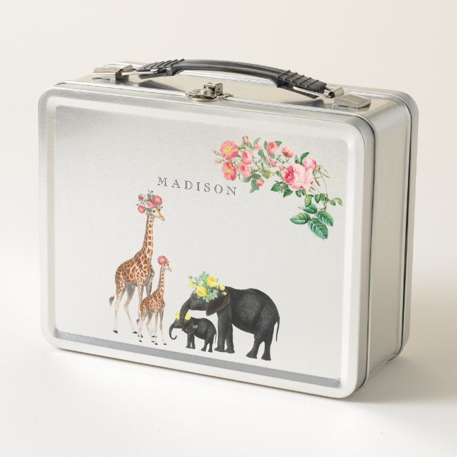 Niedlicher Elephant & Giraffe Individuelle Name Metall Brotdose (Vorderseite)
