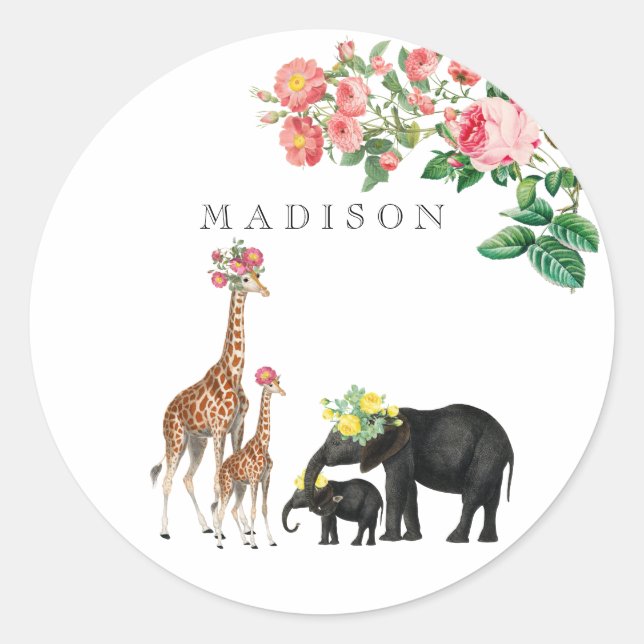 Niedlicher Elephant & Giraffe Individuelle Name Runder Aufkleber (Vorderseite)