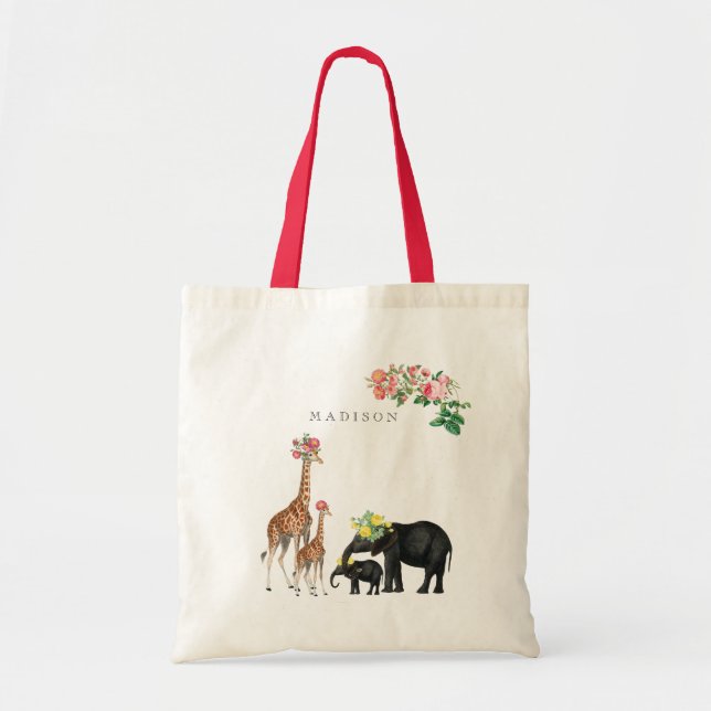 Niedlicher Elephant & Giraffe Individuelle Name Tragetasche (Vorne)