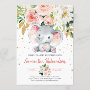 Niedlicher Elephant Rustikaler BLush Pink FLoral B Einladung