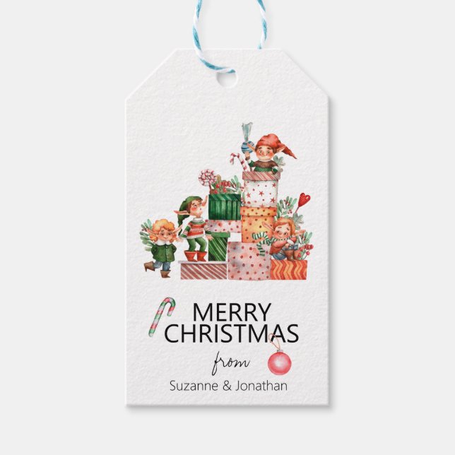 Niedlicher Elf mit Geschenken Farbe Geschenkanhänger (Vorderseite)