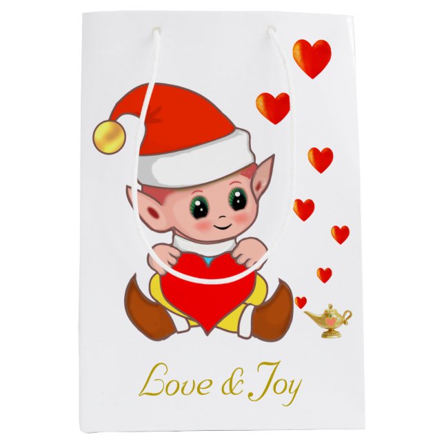 Niedlicher Elf mit Liebe Herz auf weißem Hintergru Mittlere Geschenktüte (Vorderseite)