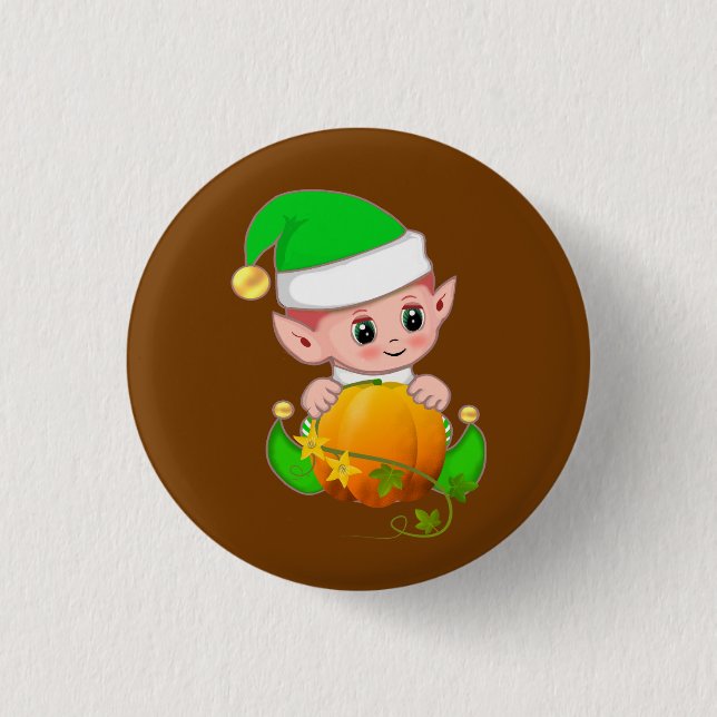 Niedlicher Elf mit Pumpkin auf Brown Button (Vorderseite)