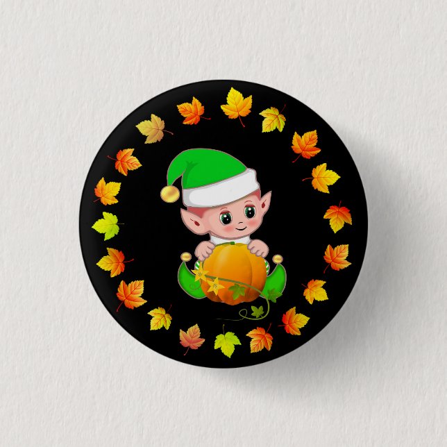 Niedlicher Elf mit Pumpkin und Herbstlauben auf Sc Button (Vorderseite)