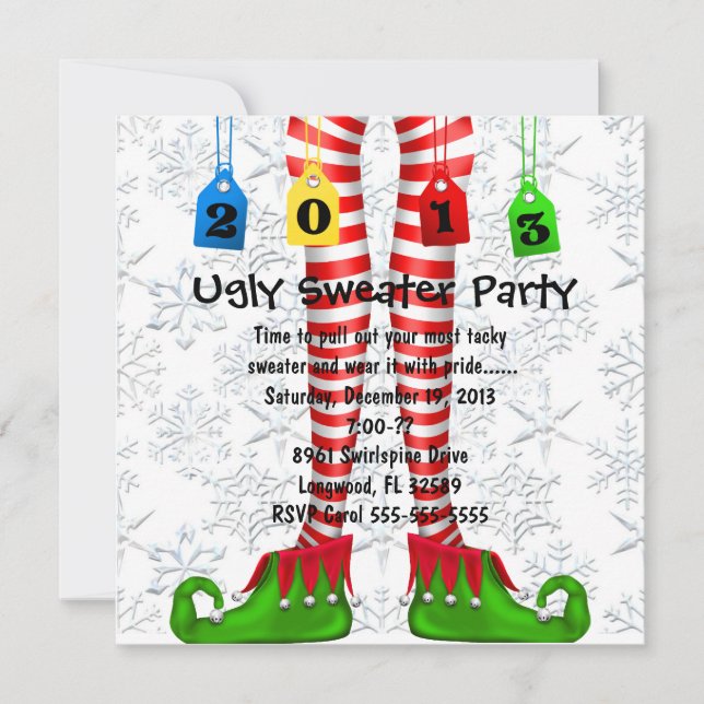 Niedlicher Elf Strumpf Ugly Sweater Party laden Einladung (Vorderseite)