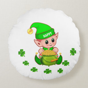 Niedlicher Elf, Topf mit Gold & Glückskleeblätter  Rundes Kissen