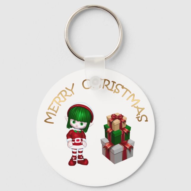 Niedlicher Elf und Geschenke Frohe Weihnachten Schlüsselanhänger (Vorderseite)