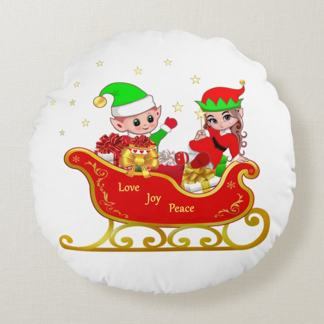 Niedlicher Elf zu Weihnachten Sleigh Rundes Kissen (Vorderseite)