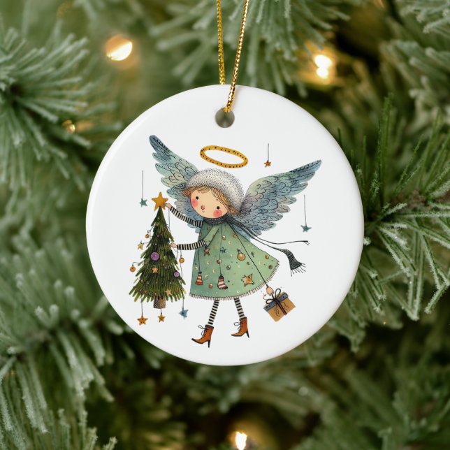 Niedlicher Engel mit einem Weihnachtsbaum Keramik Ornament (Baum)