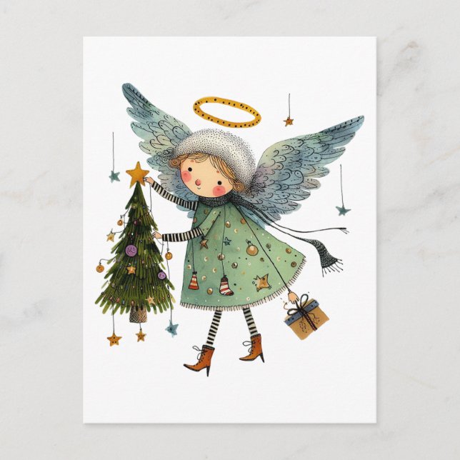 Niedlicher Engel mit einem Weihnachtsbaum Postkarte (Vorderseite)