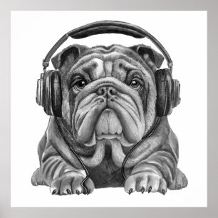 Niedlicher englischer Bulldog mit Kopfhörern Poster