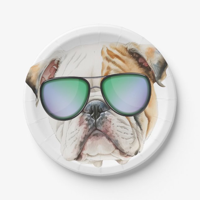 Niedlicher englischer Bulldog mit Sonnenbrille, lu Pappteller (Vorderseite)