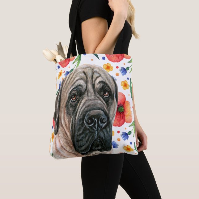 Niedlicher englischer Mastiff mit rotem Mohn-Blume Tasche (Von Nahem)
