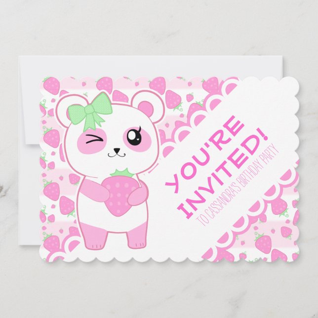 Niedlicher Erdbeerrosa Kawaii Panda Bär Einladung (Vorderseite)