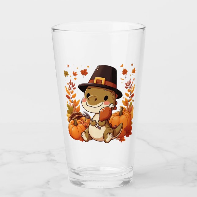 Niedlicher Erntedank Dinosaurier Glas (Vorderseite)