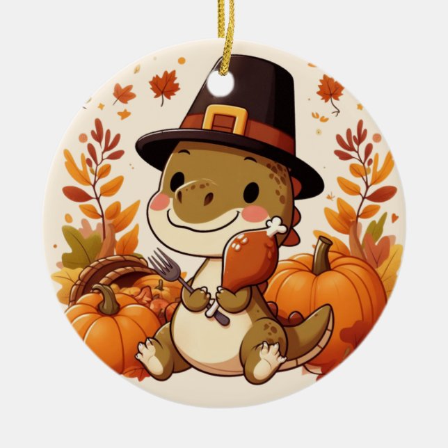 Niedlicher Erntedank Dinosaurier Keramik Ornament (Vorne)