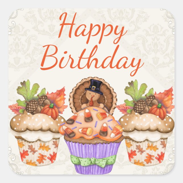 Niedlicher Erntedank Holiday Cupcakes Happy Birthd Quadratischer Aufkleber (Vorderseite)