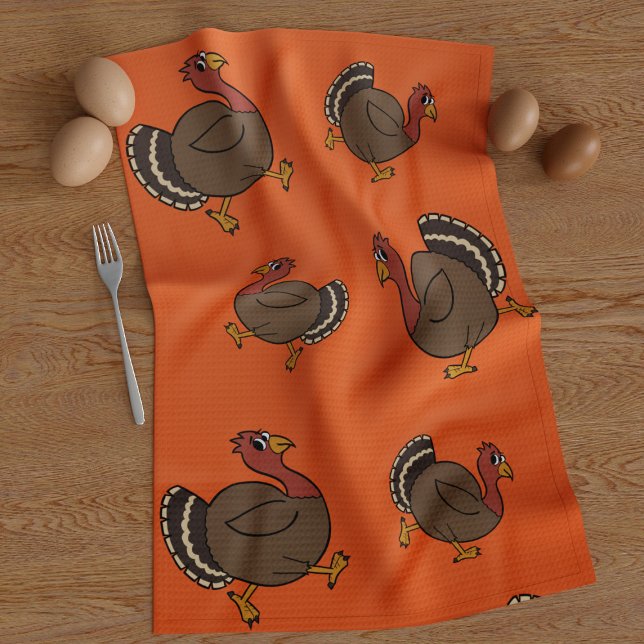 Niedlicher Erntedank Truthühner Orange Küchentüche Handtuch (A fun thanksgiving turkey trotting along on this orange kitchen towel with his pals)