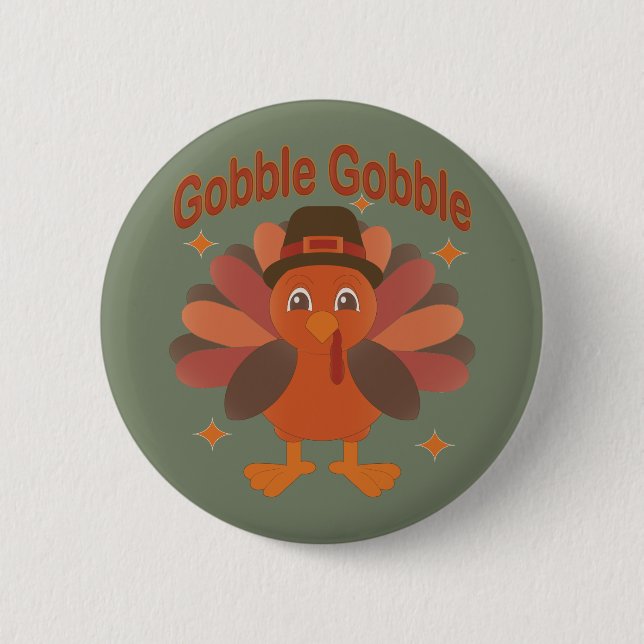 Niedlicher Erntedank Türkei Cartoon - "Globale Glo Button (Vorderseite)