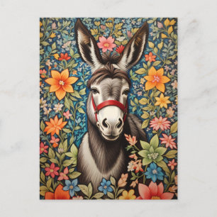 Niedlicher Esel auf farbenfrohem Blumenhintergrund Postkarte