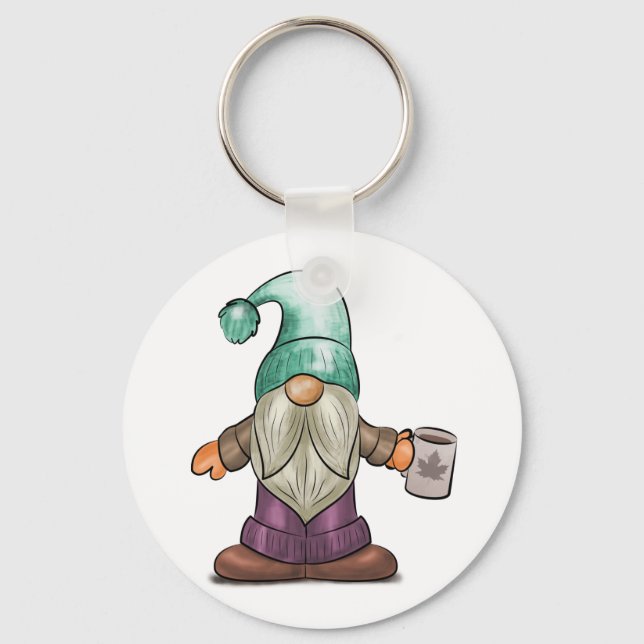 Niedlicher Fall Gnome mit Kaffee-Tasse Schlüsselanhänger (Vorderseite)