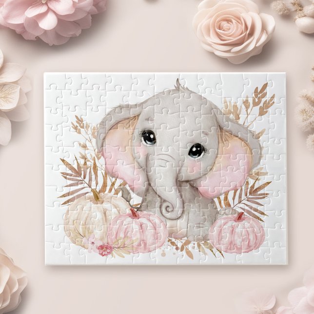 Niedlicher Fall Pink Elephant und Kürbiskins (Cute Fall Pink Elephant And Pumpkins Jigsaw Puzzle)