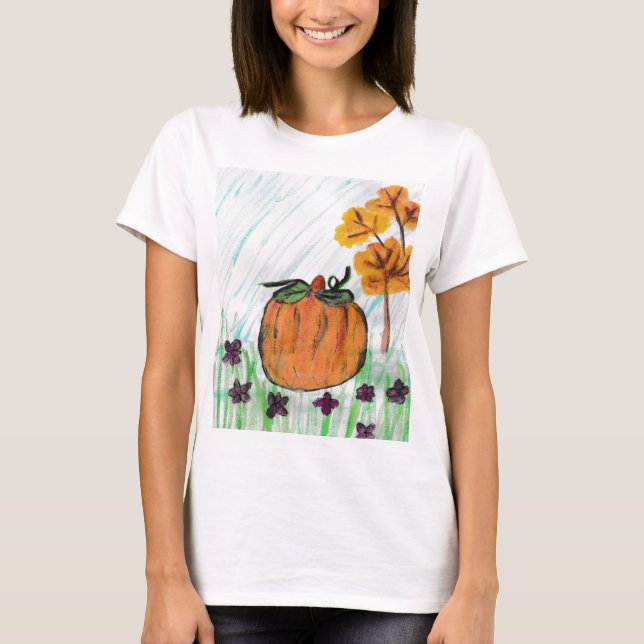 Niedlicher Fall Pumpkin mit violetten Blumen T-Shirt (Vorderseite)