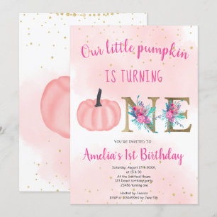 Niedlicher Fall Rosa Goldkürbis 1. Geburtstag Einladung