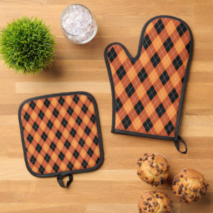 Niedlicher Fall Saisonale karierte Muster Ofenhandschuh & Topflappen-Set