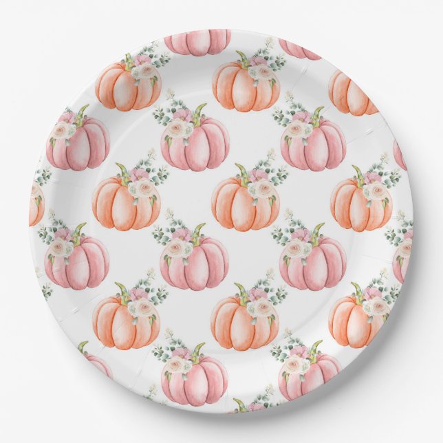 Niedlicher Fall Soft Pink und Orange Floral Pumpki Pappteller (Vorderseite)