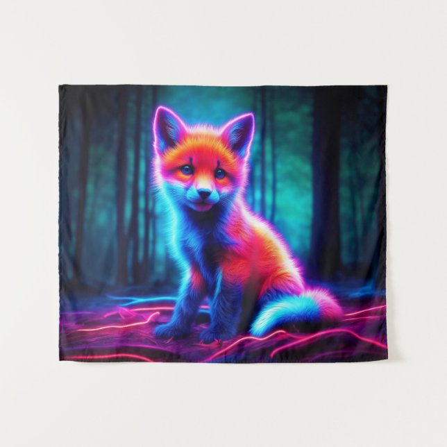 Niedlicher Fantasiefuchs mit biolumineszenter Aura Wandteppich (Vorderseite (Horizontal))