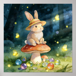 Niedlicher, fantastischer Hase auf Pilz im magisch Poster