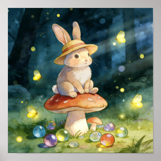 Niedlicher, fantastischer Hase auf Pilz im magisch Poster