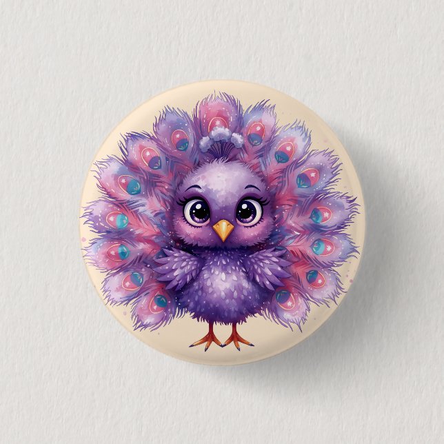 Niedlicher Fantasy-Launenhaft-Lila-Pfau  Button (Vorderseite)