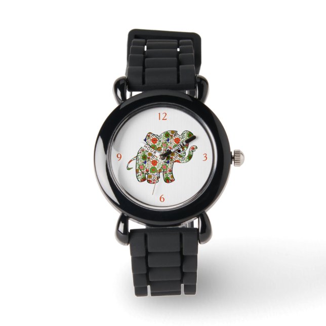 Niedlicher, farbenfroher Blumenjunge Elefant Armbanduhr (Vorderseite)