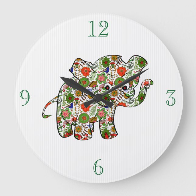 Niedlicher, farbenfroher Blumenjunge Elefant Große Wanduhr (Vorderseite)