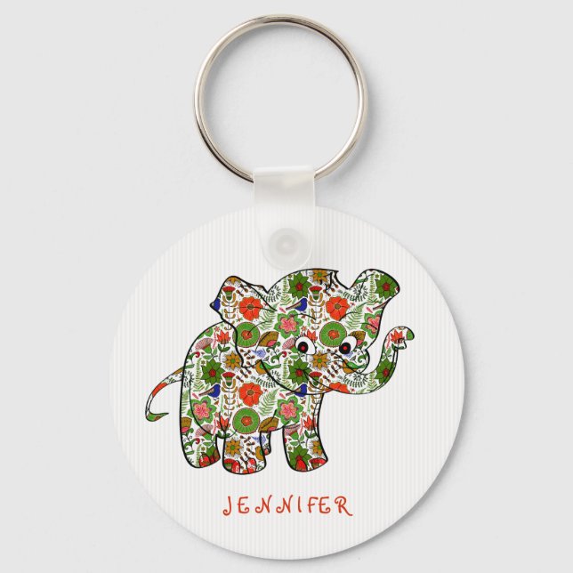 Niedlicher, farbenfroher Blumenjunge Elefant Schlüsselanhänger (Vorderseite)