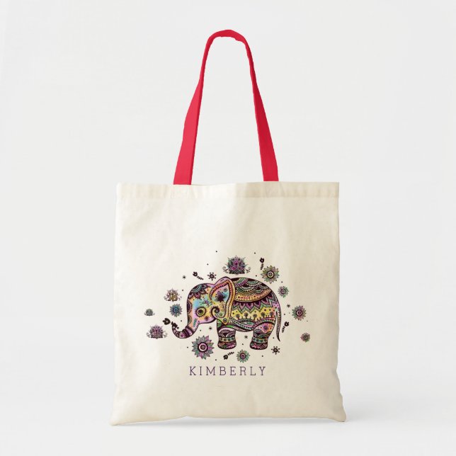 Niedlicher, farbenfroher Blumenjunge Elefant Tragetasche (Vorne)