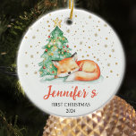Niedlicher Farbfox Custom Baby First Christmas Keramik Ornament<br><div class="desc">Dieses "Baby First Christmas" Ornament besticht durch einen niedlichen Aquarellfuchs mit individuelle Name und Jahr.</div>