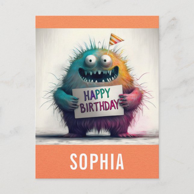 Niedlicher farbiger Cartoon Monster Happy Birthday Postkarte (Vorderseite)