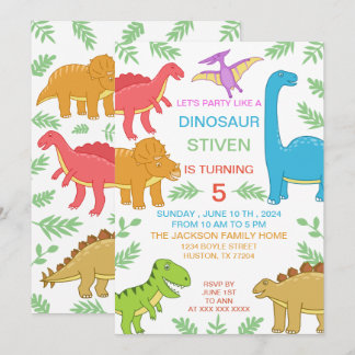 Niedlicher farbiger Dinosaurier Geburtstag Einladung