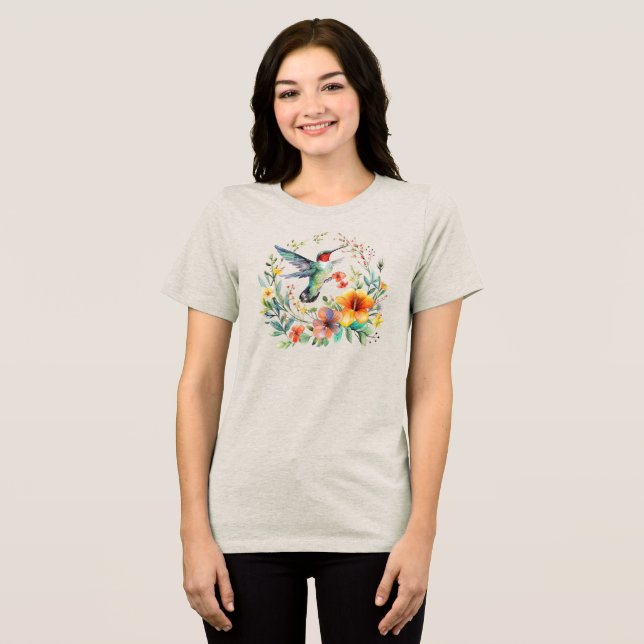 Niedlicher farbiger Hummingbird-Blumenstrauß Tri-Blend Shirt (Vorderseite voll)