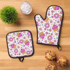 Niedlicher, farbiger Kuchen, Blume und Bagel Ofenhandschuh & Topflappen-Set