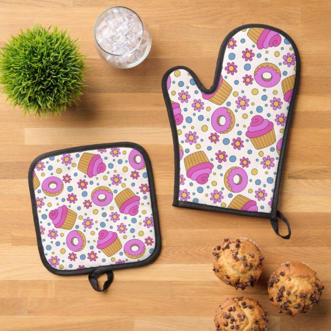 Niedlicher, farbiger Kuchen, Blume und Bagel Ofenhandschuh & Topflappen-Set (Oben Unten)