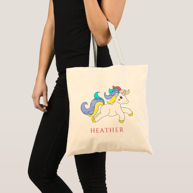 Niedlicher, farbiger Unicorn-Personalisierter Name Tragetasche (Vorderseite (Produkt))