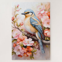 niedlicher, farbiger Vogel auf einem Ast mit Blume