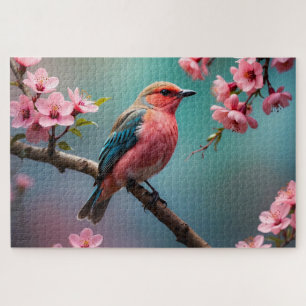 niedlicher, farbiger Vogel auf einem Ast mit Blume