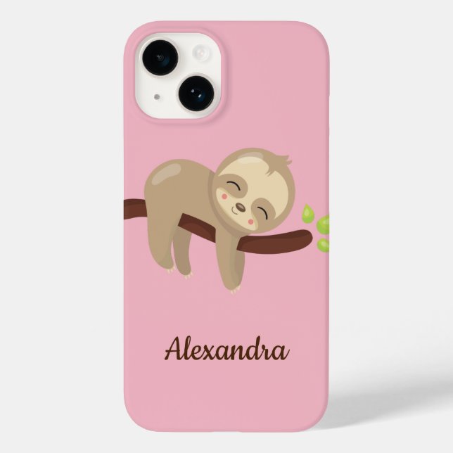 Niedlicher Faultier auf Baum-Tierillustration rosa Case-Mate iPhone 14 Hülle (Rückseite)