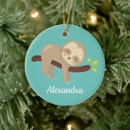 Niedlicher Faultier auf Tree Kawaii Aquamarin Keramik Ornament