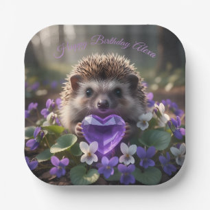 Niedlicher Februar-Igel mit Amethyst-Herz Pappteller